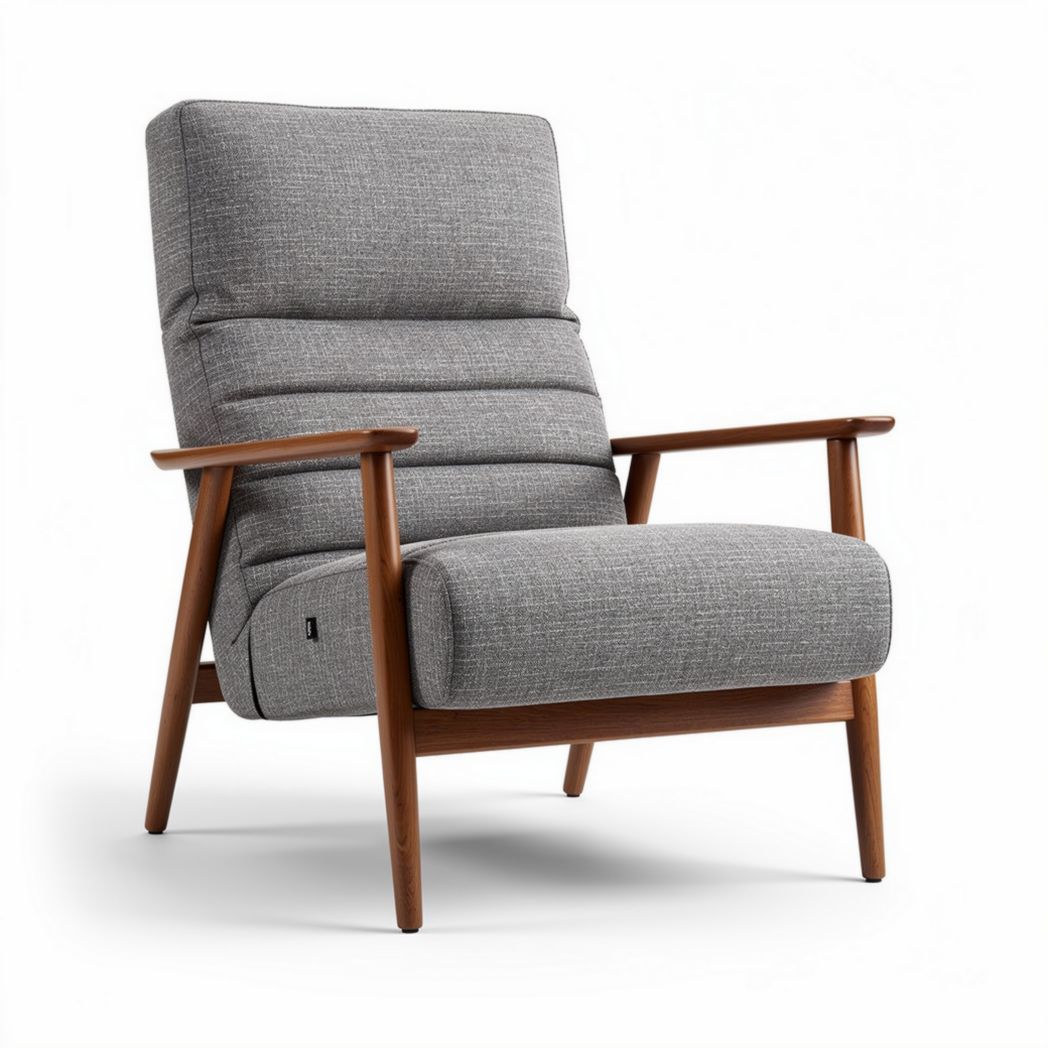 Gray upholstered accent chair with wooden legs and dimensions 80 x 80 x 90cm