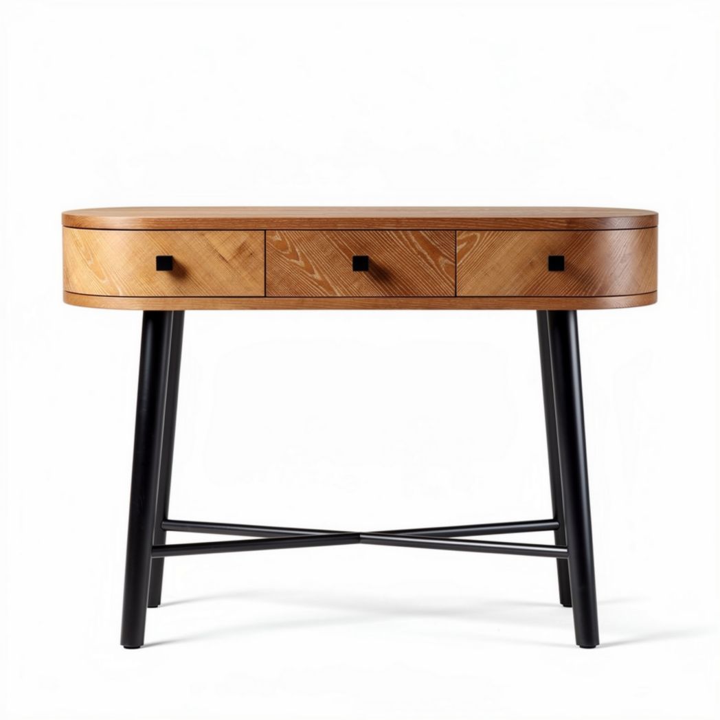 Wooden console table with three drawers in natural finish and black legs 120 x 50 x 75cm