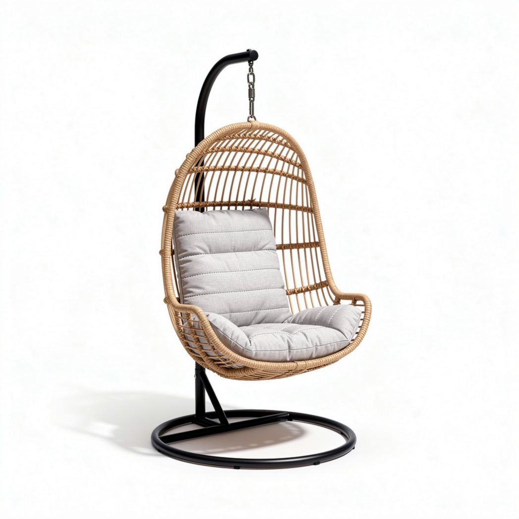 Hanging rattan chair with cushion for indoor and outdoor use black frame 80 x 70 x 120cm