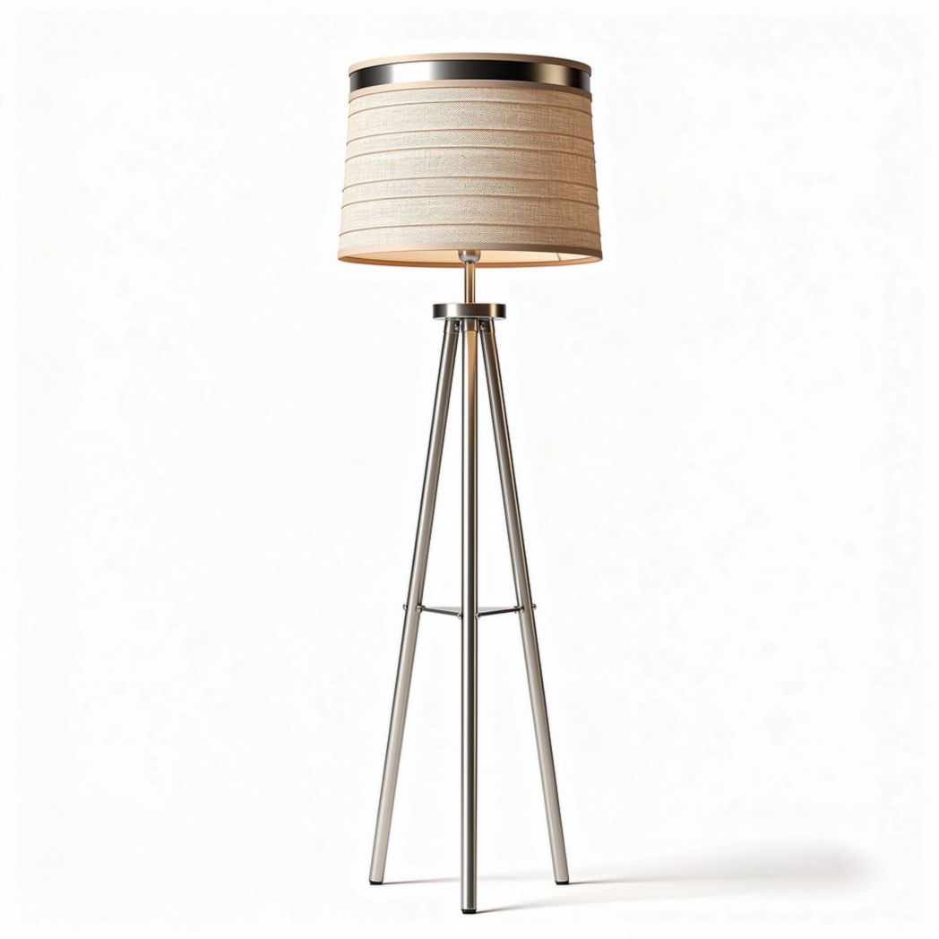 Tripod floor lamp with beige fabric shade and stainless steel base 25 x 25 x 150cm