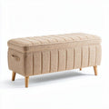 Upholstered storage bench in beige fabric with wooden legs 90 x 40 x 45cm