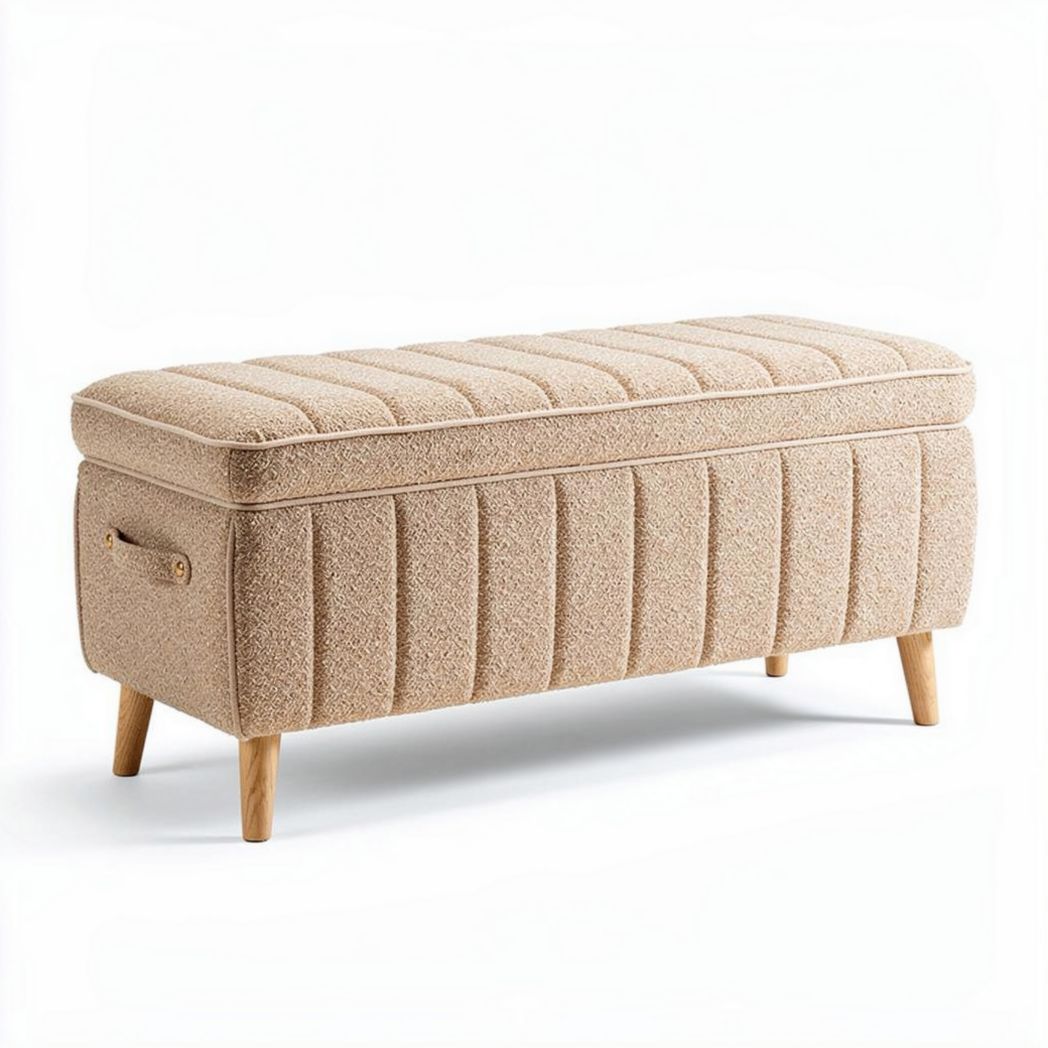 Upholstered storage bench in beige fabric with wooden legs 90 x 40 x 45cm