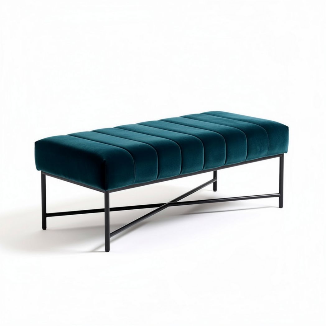 Velvet upholstered rectangular ottoman bench in teal with metal frame 110 x 45 x 40cm