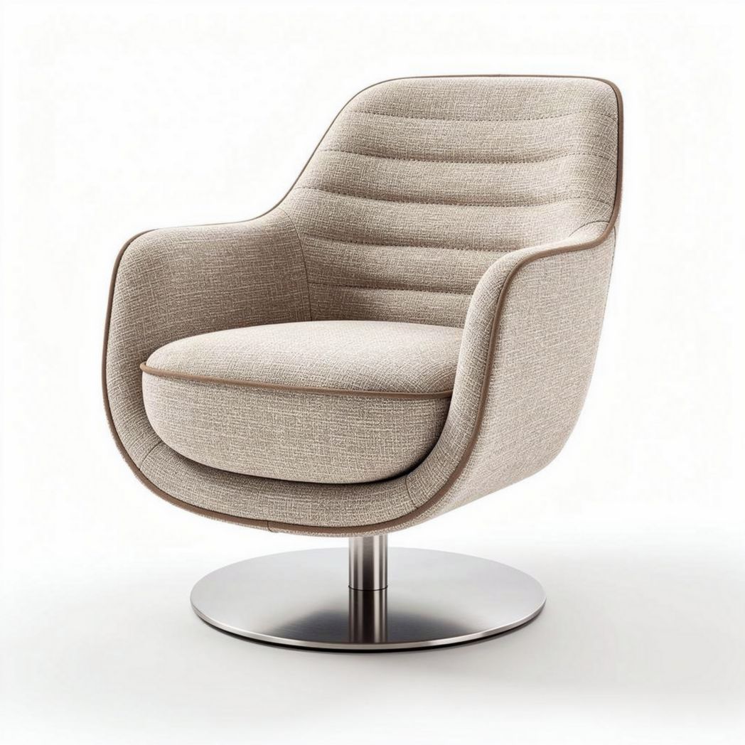 Swivel accent chair in light beige fabric with stainless steel base 80 x 80 x 85cm